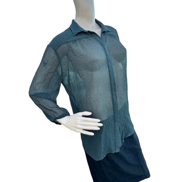 ATM Women Dark Green Sheer Collared Long Sleeves Button Front Blouse Size S - Picture 2 of 7